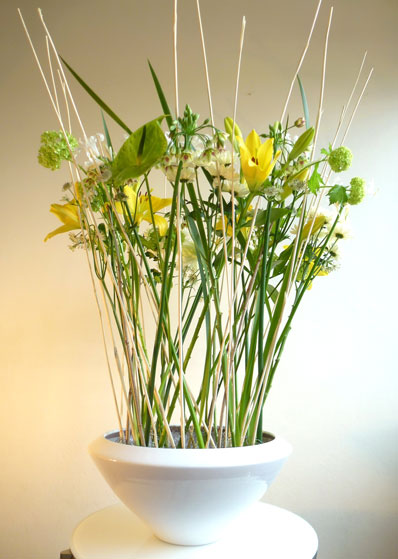 Keramikvase mit langstieligen weißen und gelben Blumen